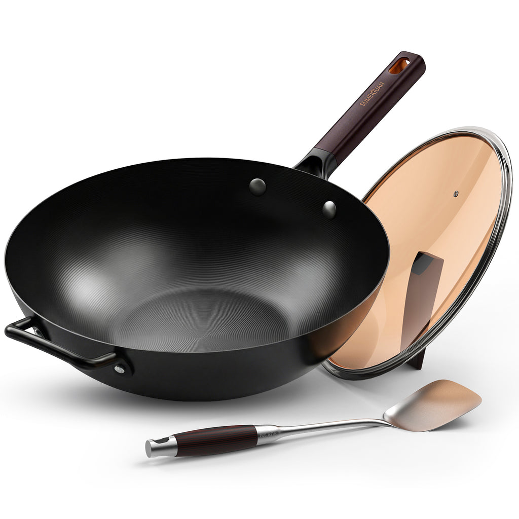 13.5" Carbon Steel Wok Pan - Pre-Seasoned Flat Bottom Woks