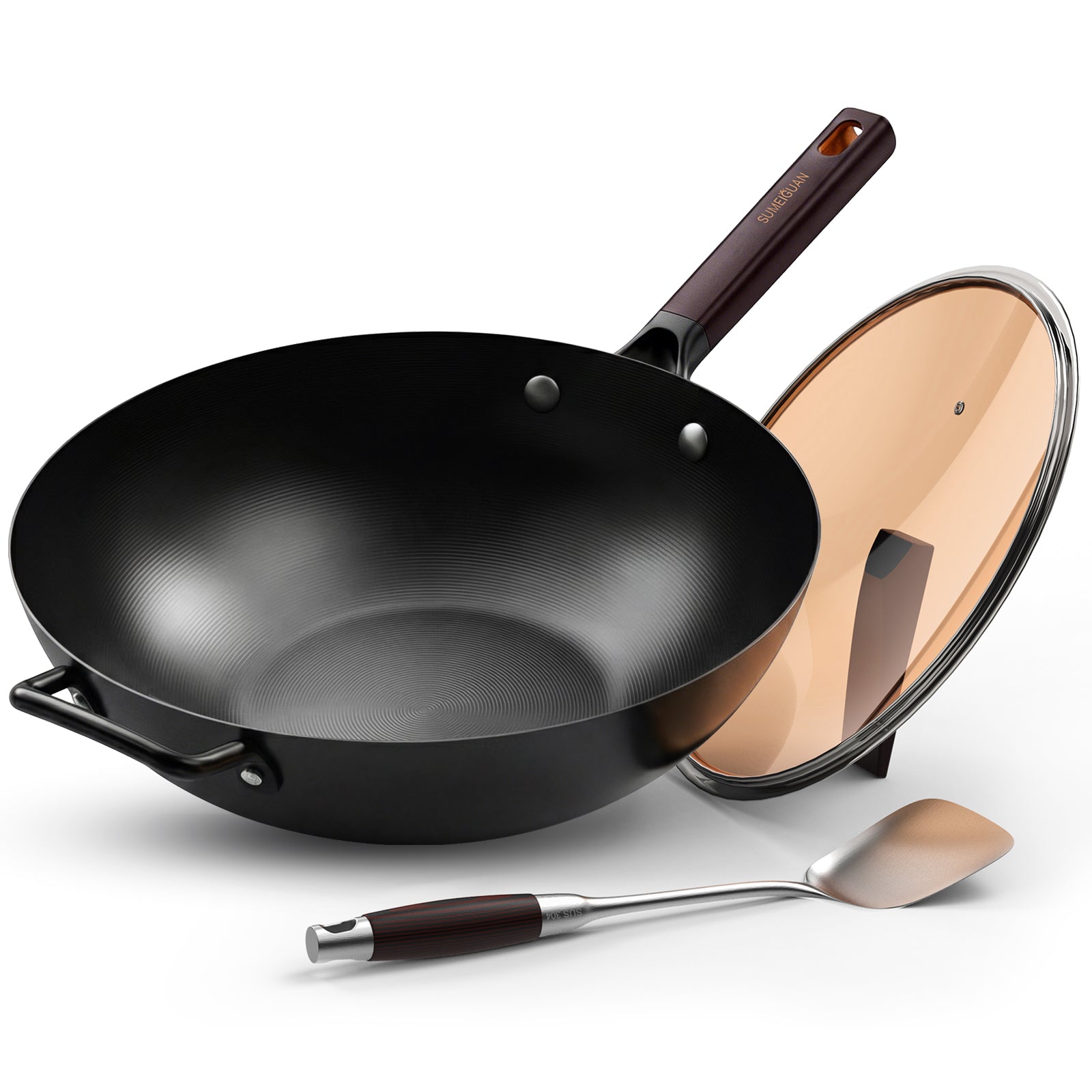 13.5" Carbon Steel Wok Pan - Pre-Seasoned Flat Bottom Woks