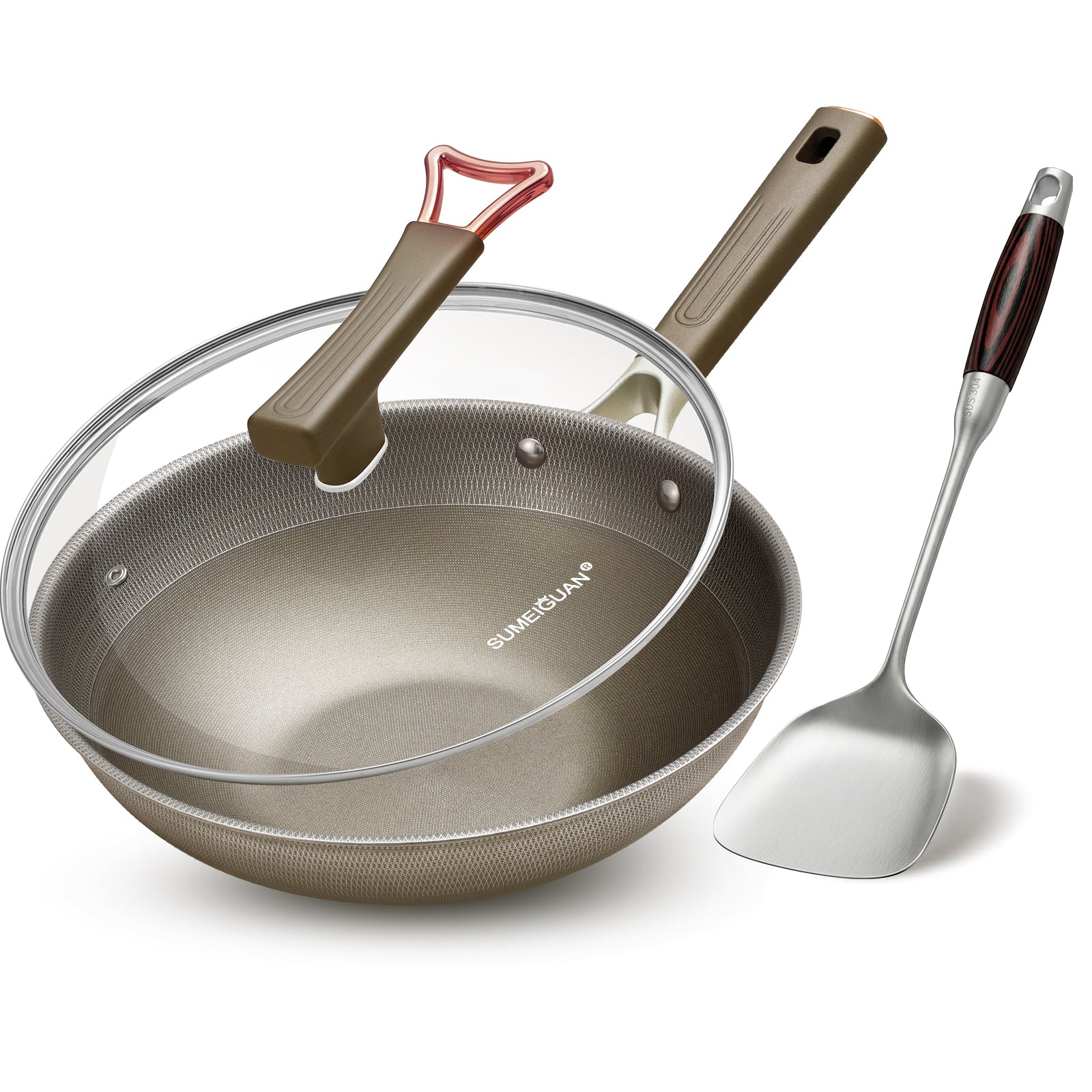 13" Titanium Wok Pan with Lid,Non-stick Flat Bottom Titanium