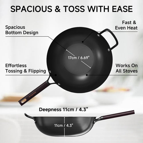 13.5" Carbon Steel Wok Pan - Pre-Seasoned Flat Bottom Woks