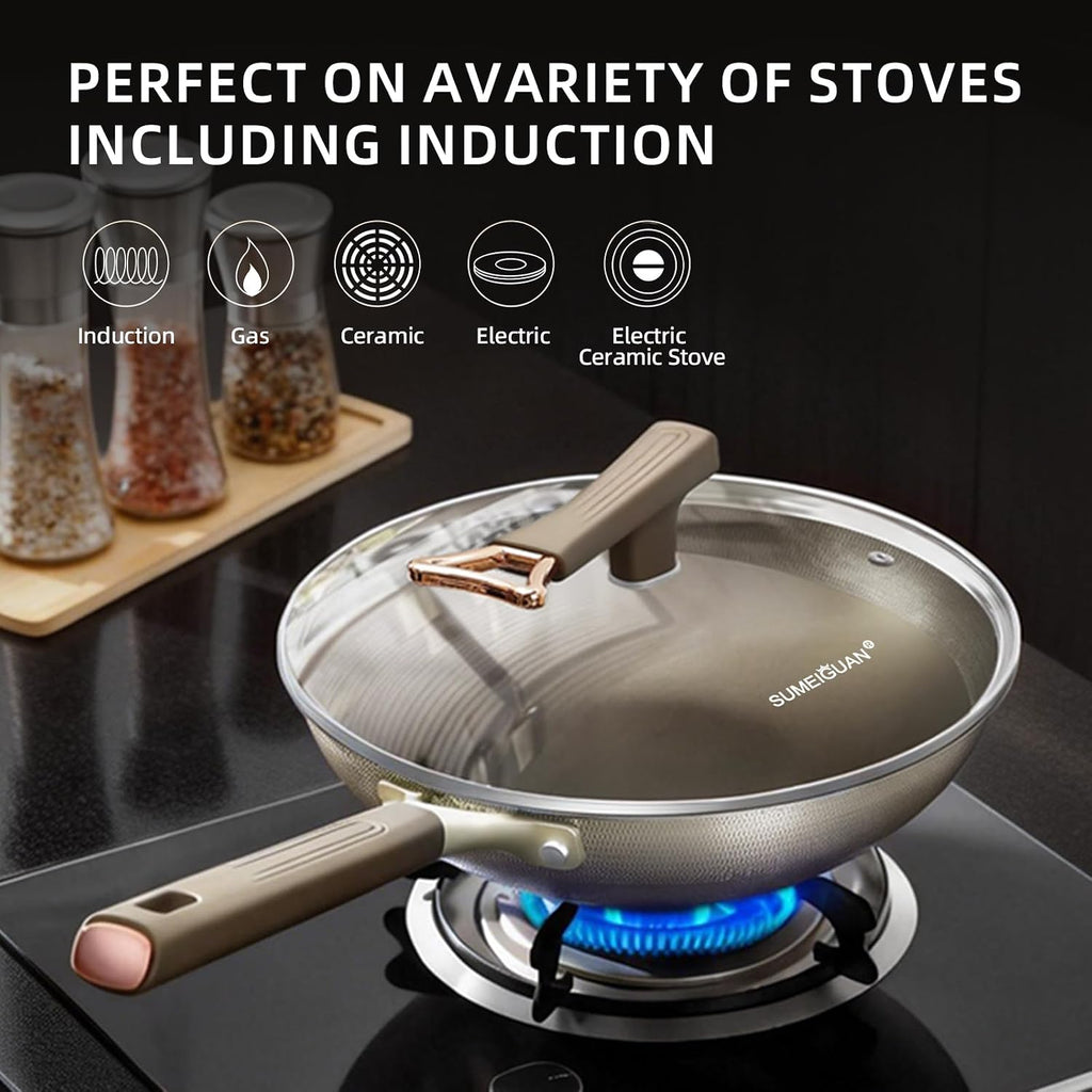 13" Titanium Wok Pan with Lid,Non-stick Flat Bottom Titanium