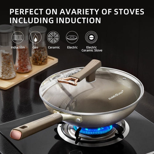 13" Titanium Wok Pan with Lid,Non-stick Flat Bottom Titanium