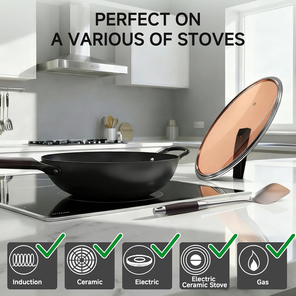 13.5" Carbon Steel Wok Pan - Pre-Seasoned Flat Bottom Woks