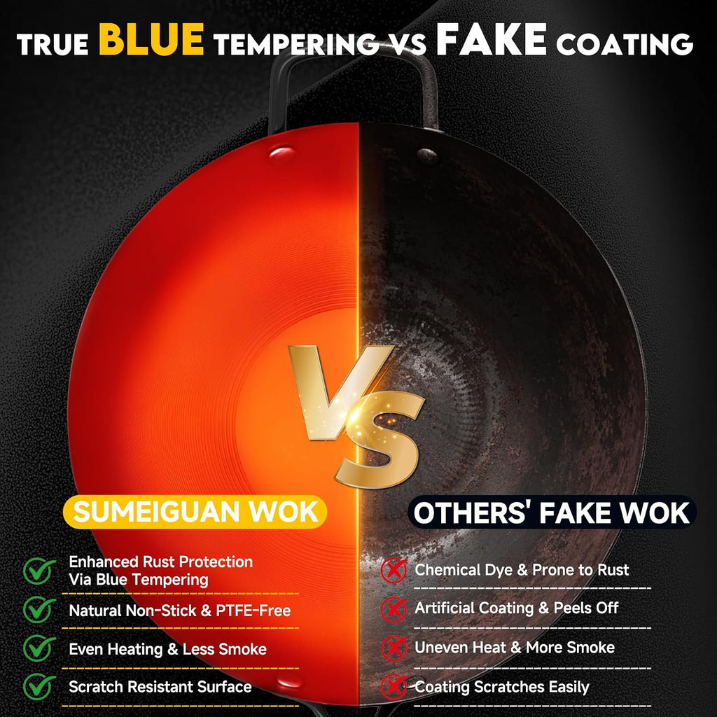 13.5" Blue Carbon Steel Wok, Pre-Seasoned Flat Bottom Wok Pan