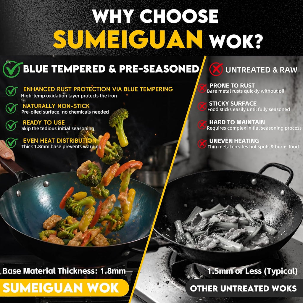 13.5" Blue Carbon Steel Wok, Pre-Seasoned Flat Bottom Wok Pan