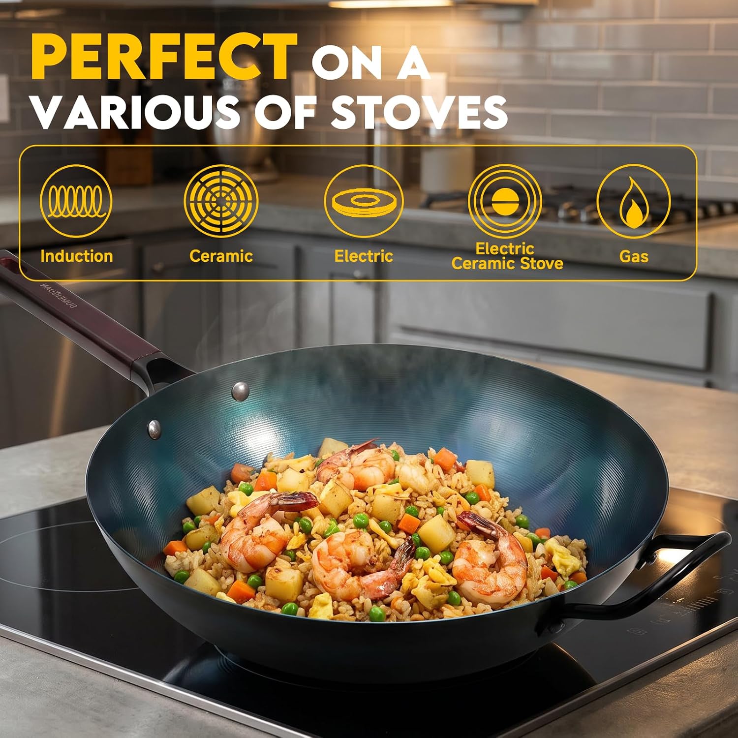 13.5" Blue Carbon Steel Wok, Pre-Seasoned Flat Bottom Wok Pan