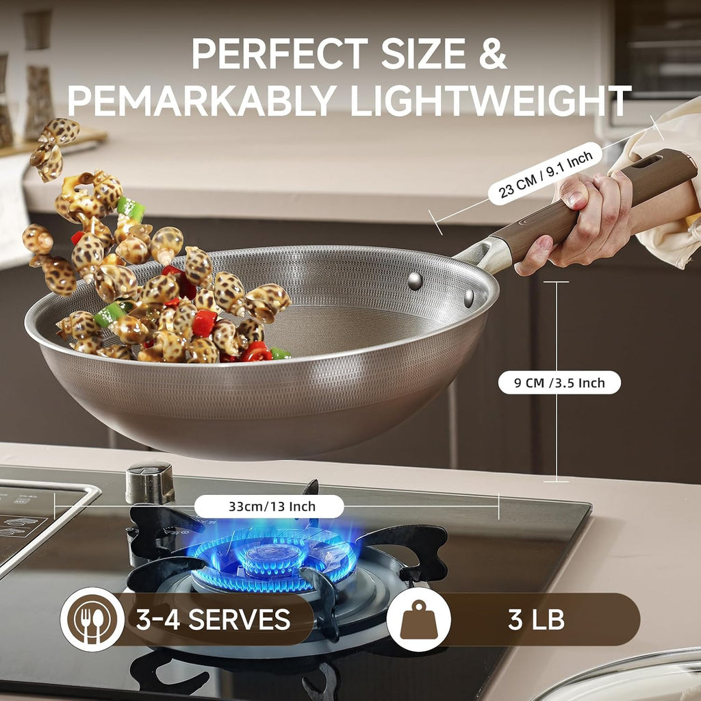 13" Titanium Wok Pan with Lid,Non-stick Flat Bottom Titanium