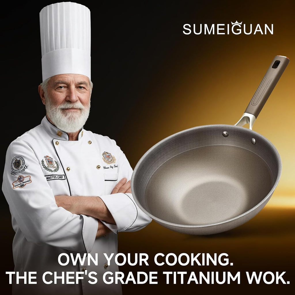 13" Titanium Wok Pan with Lid,Non-stick Flat Bottom Titanium