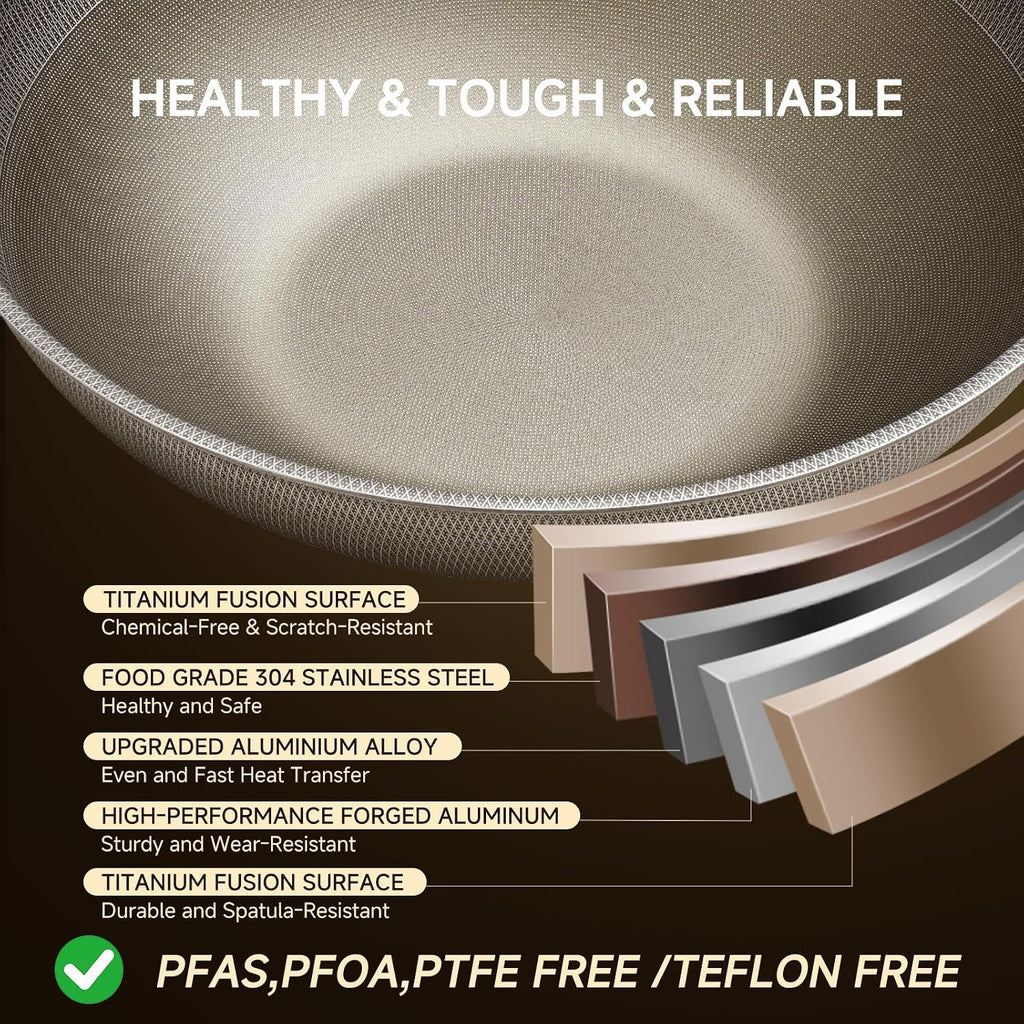 13" Titanium Wok Pan with Lid,Non-stick Flat Bottom Titanium