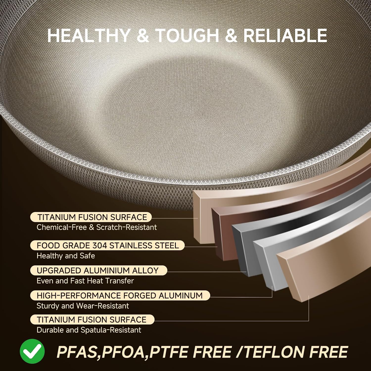 13" Titanium Wok Pan with Lid,Non-stick Flat Bottom Titanium