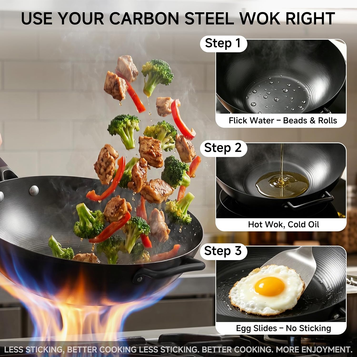 13.5" Carbon Steel Wok Pan - Pre-Seasoned Flat Bottom Woks