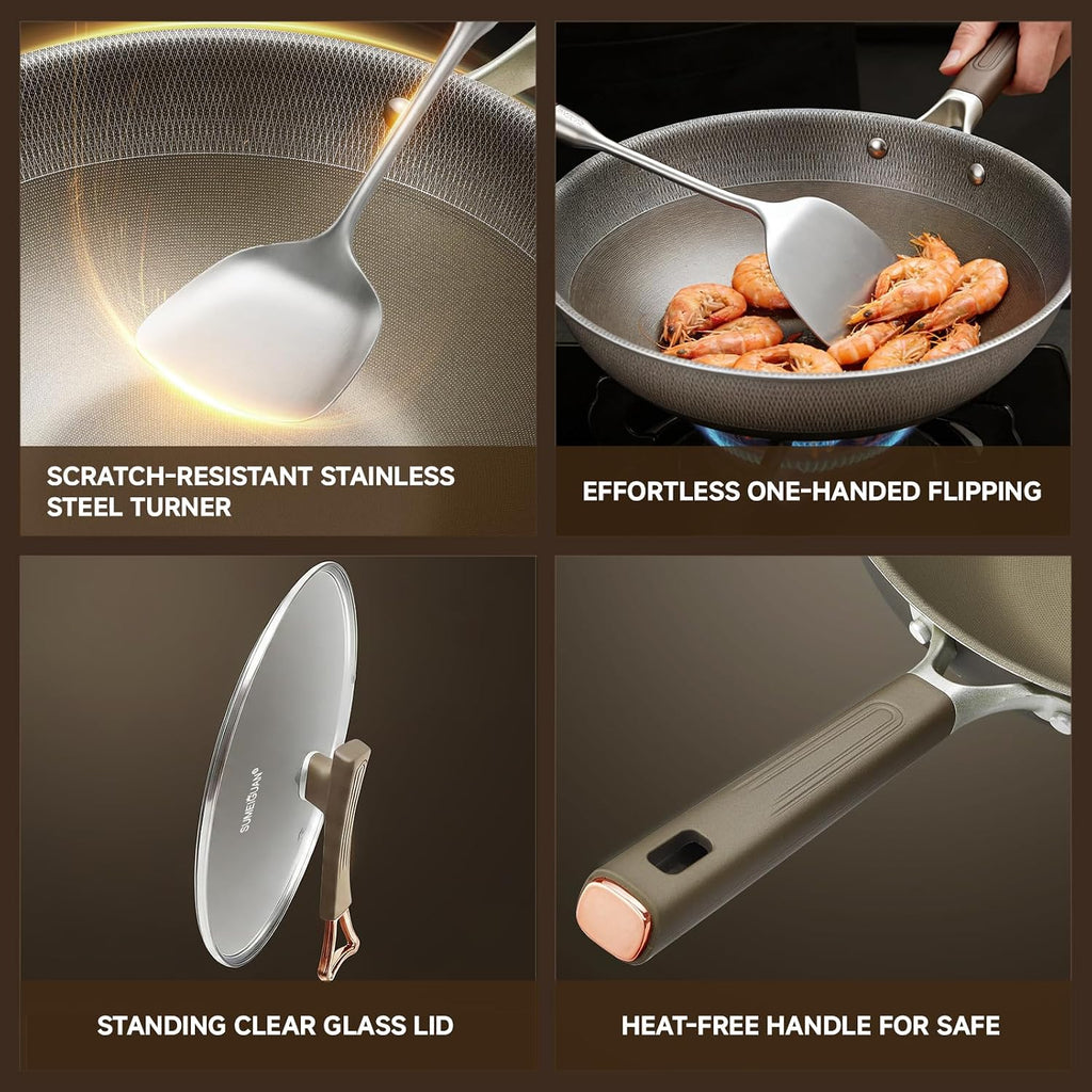 13" Titanium Wok Pan with Lid,Non-stick Flat Bottom Titanium