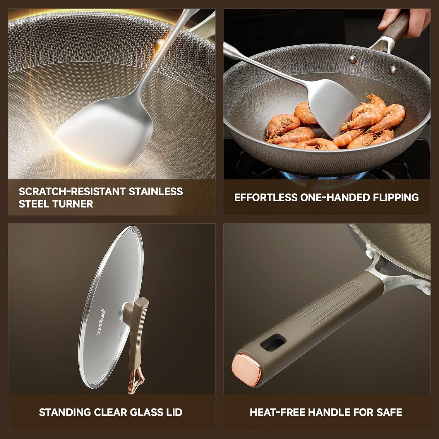 13" Titanium Wok Pan with Lid,Non-stick Flat Bottom Titanium