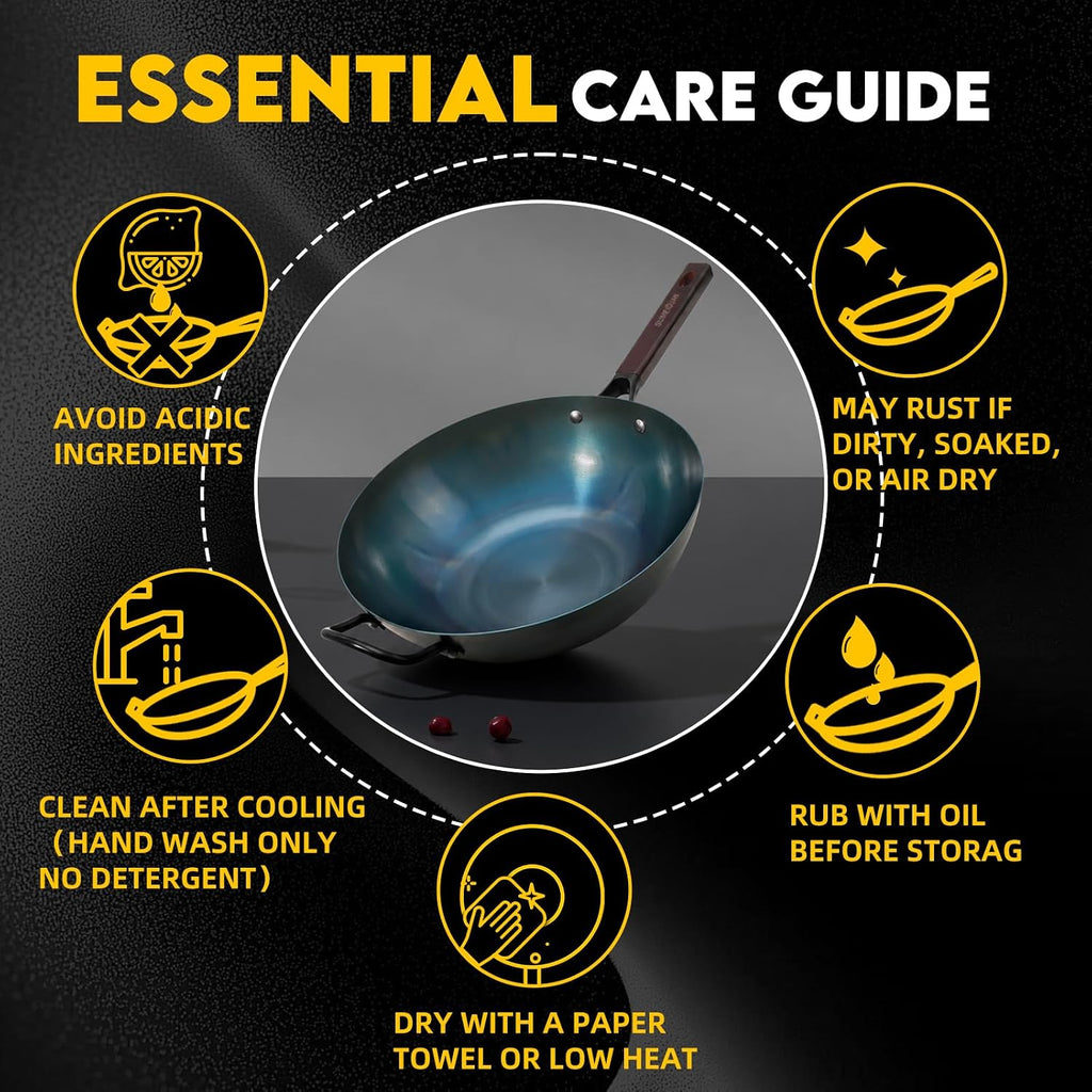 13.5" Blue Carbon Steel Wok, Pre-Seasoned Flat Bottom Wok Pan