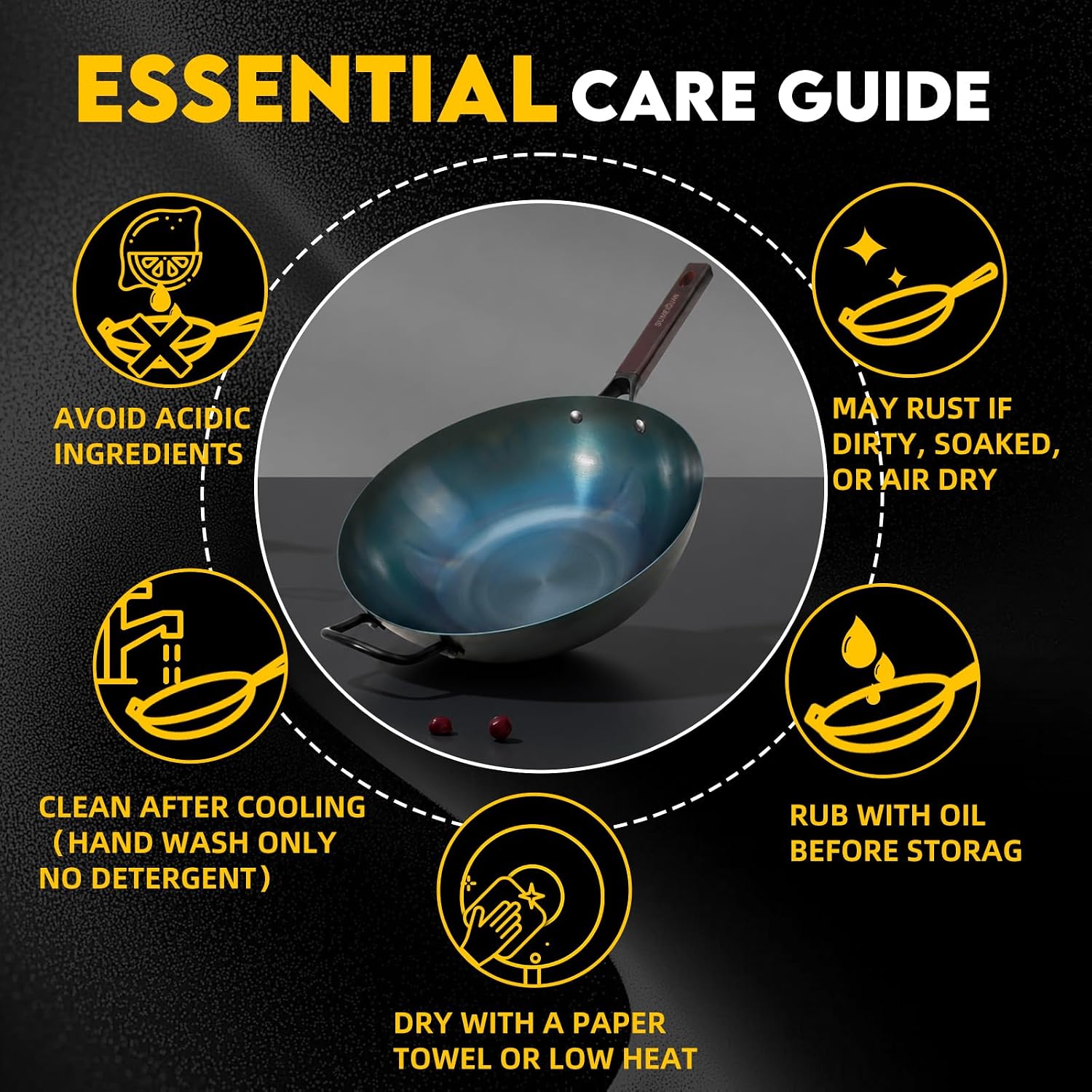 13.5" Blue Carbon Steel Wok, Pre-Seasoned Flat Bottom Wok Pan