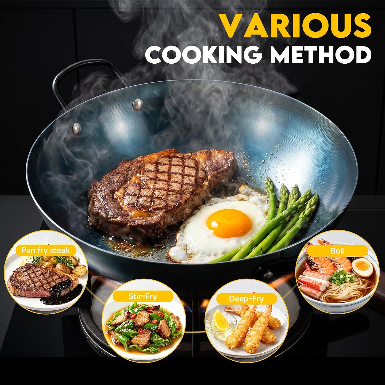 13.5" Blue Carbon Steel Wok, Pre-Seasoned Flat Bottom Wok Pan
