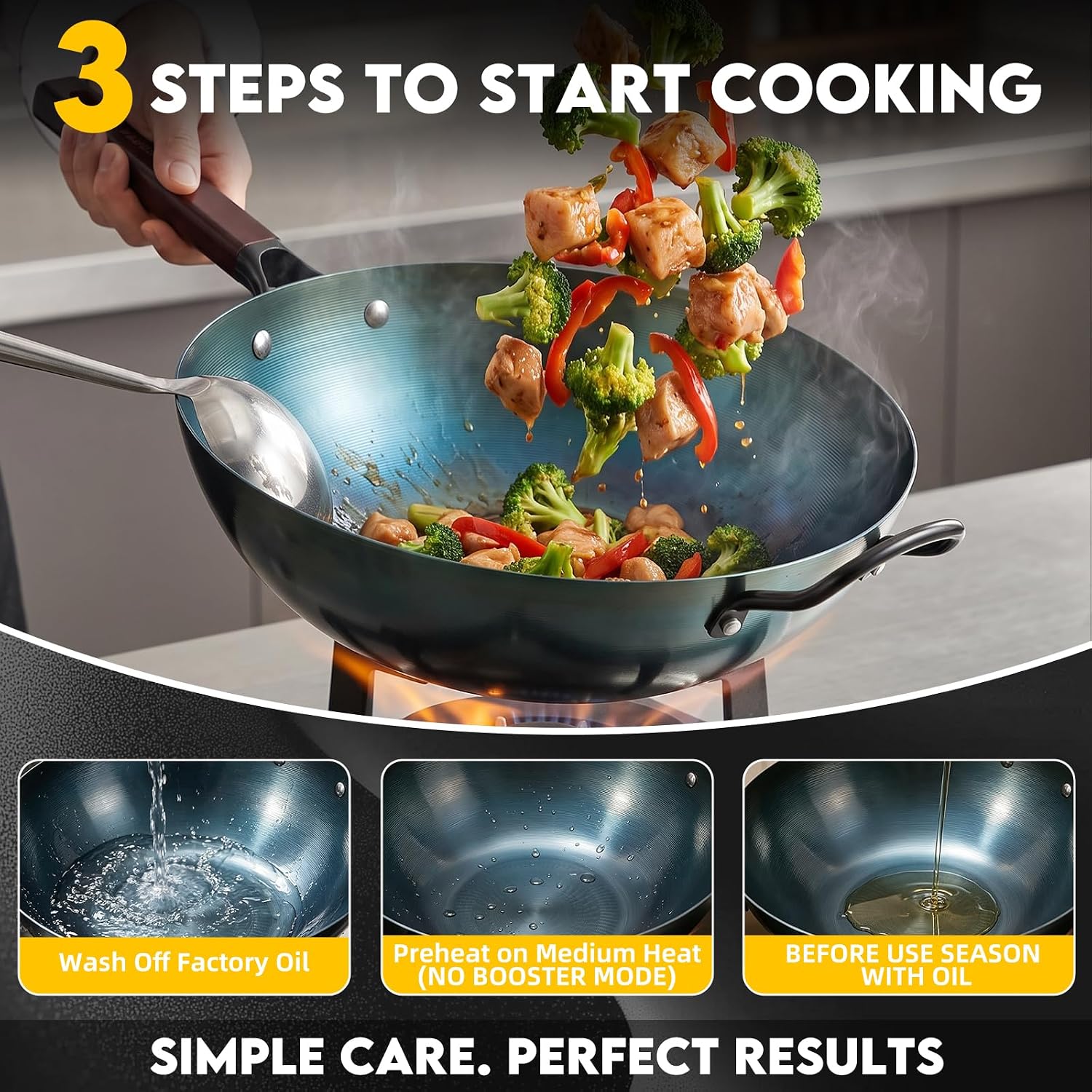 13.5" Blue Carbon Steel Wok, Pre-Seasoned Flat Bottom Wok Pan