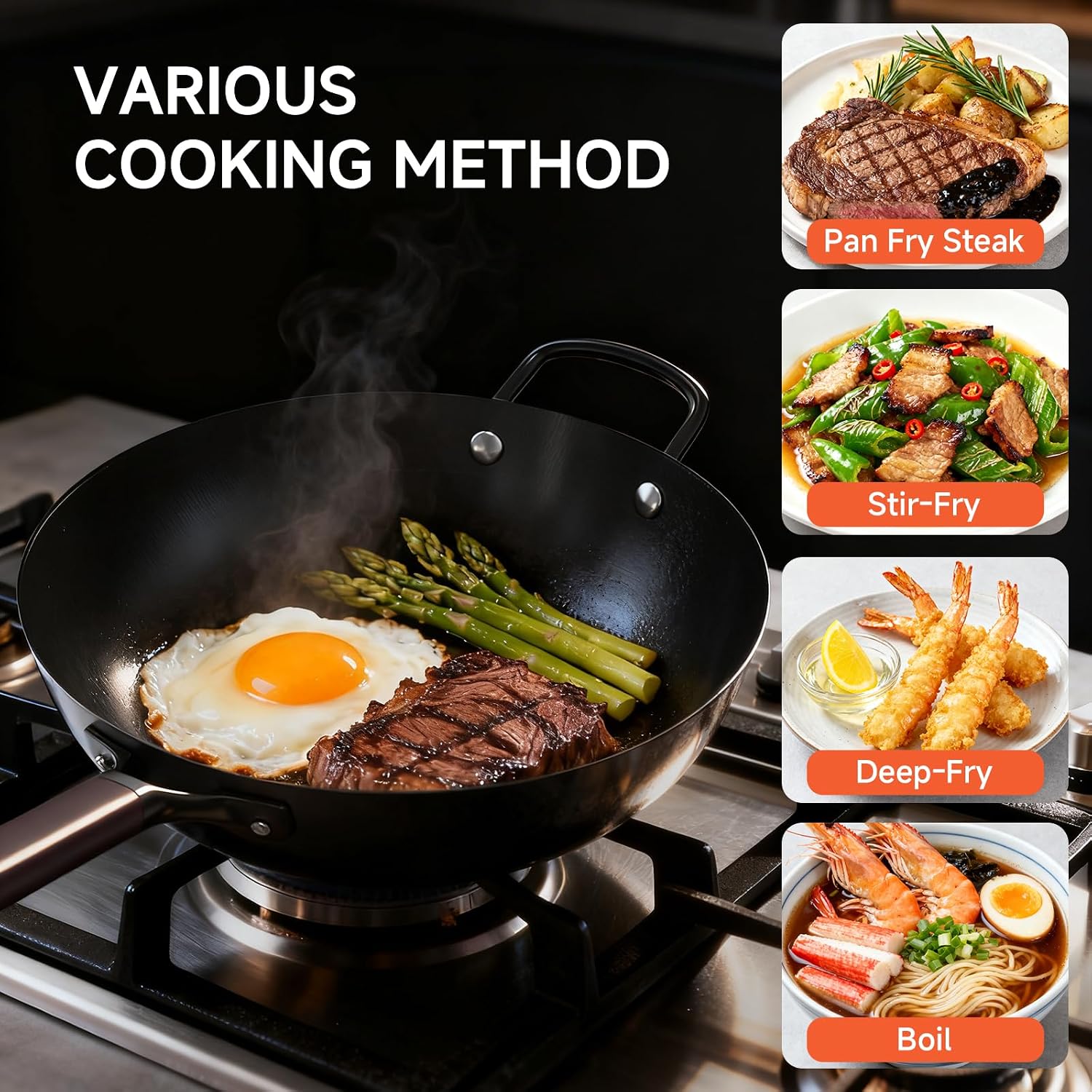 13.5" Carbon Steel Wok Pan - Pre-Seasoned Flat Bottom Woks